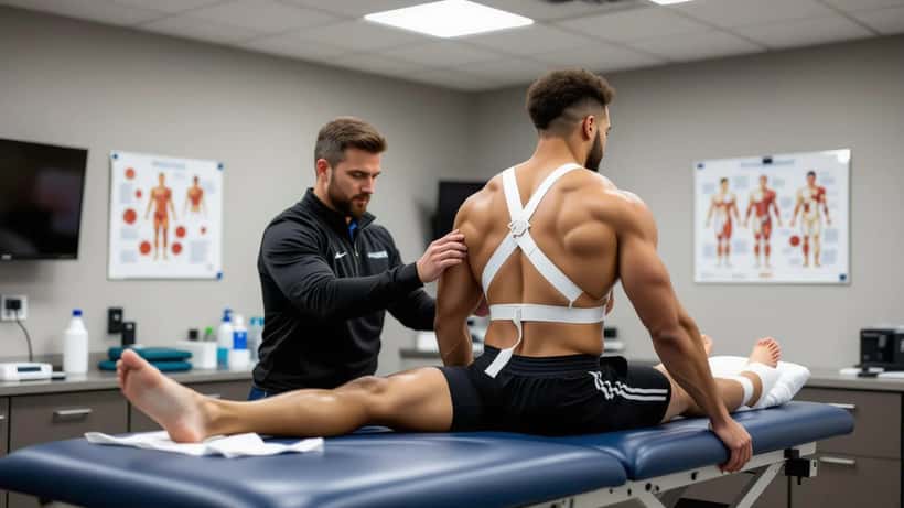 Physical therapist examining an athlete's hamstring in a sports-medicine clinic
