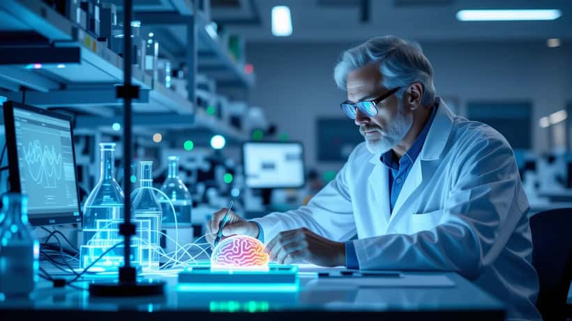 Optogenetik-Forscher an einer Lichtsteuerungsanlage für Nervenzellen in einem deutschen Universitätslabor