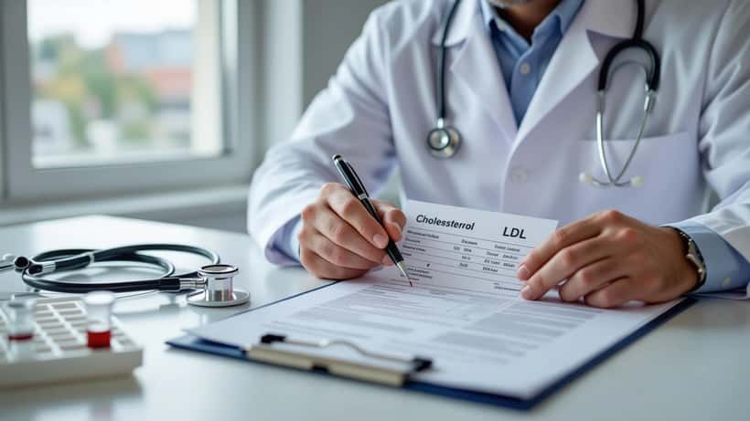 Arzt erklärt Patient in einer deutschen Hausarztpraxis die Cholesterin- und LDL-Werte auf einem Laborbericht