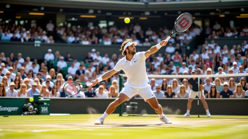 Young professional tennis player serving on a grass court during a Wimbledon-style match in 2026