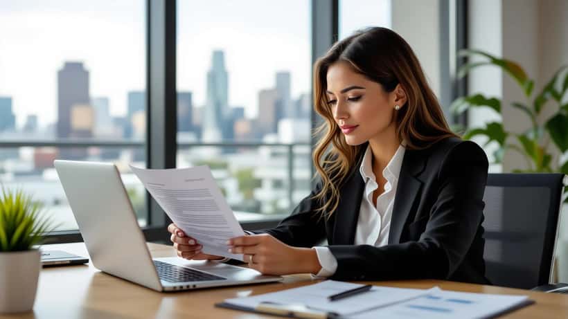 Emprendedora latina revisando contratos de marca en su oficina moderna en Los Ángeles