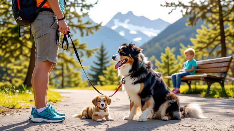 Chien tenu en laisse par son propriétaire dans un parc public suisse en été 2026