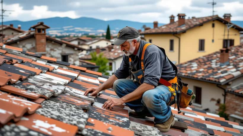 Artigiano ispeziona il tetto di una casa a Brescia dopo l'allerta meteo di settembre 2026