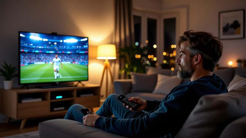 Person ser VM 2026 på smart-TV nattetid med streaming-app på skärmen