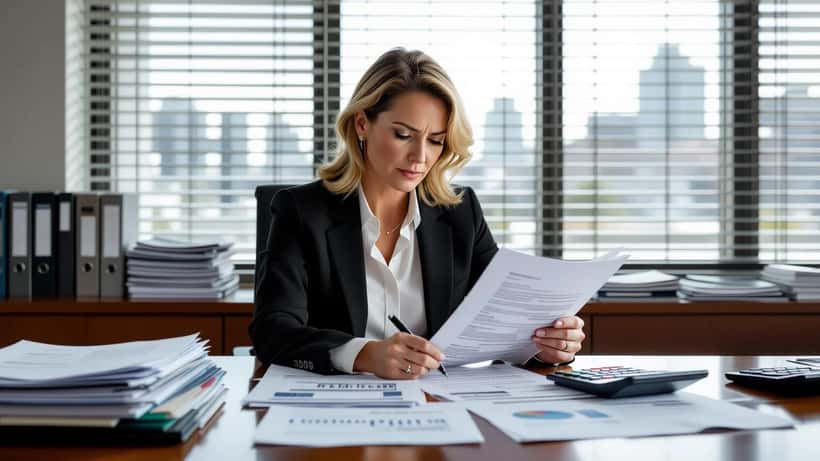 Australian woman reviewing property title deeds and trust deed documents at a solicitor's desk in Sydney