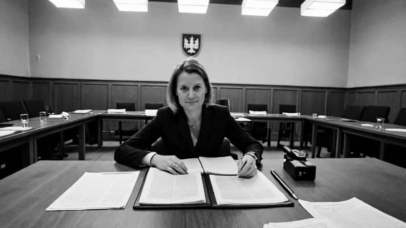 Kvindelig dansk politiker sidder ved et parlamentarisk bord med juridiske dokumenter og det danske flag i baggrunden