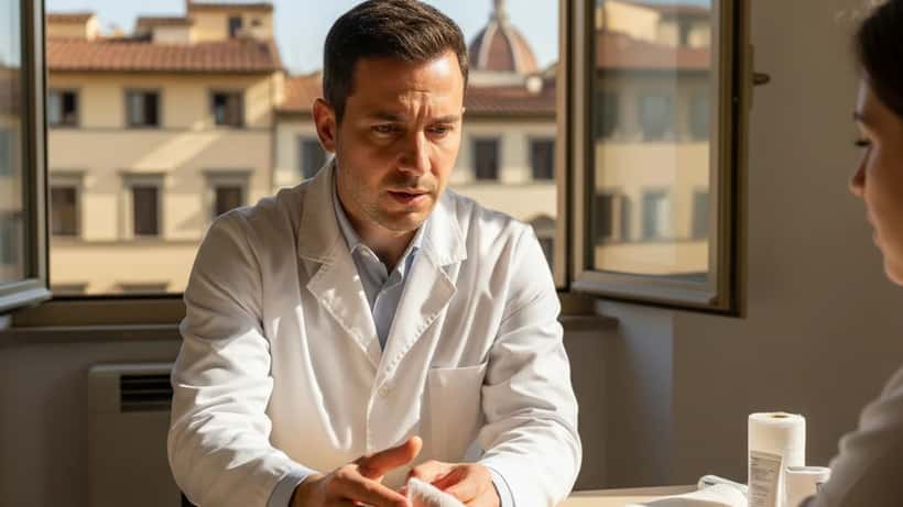 Medico italiano che esamina la mano di un paziente in studio a Firenze