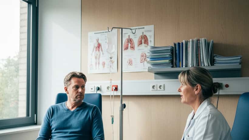 Oncologiegesprek tussen patiënt en longspecialist in een Nederlands ziekenhuis