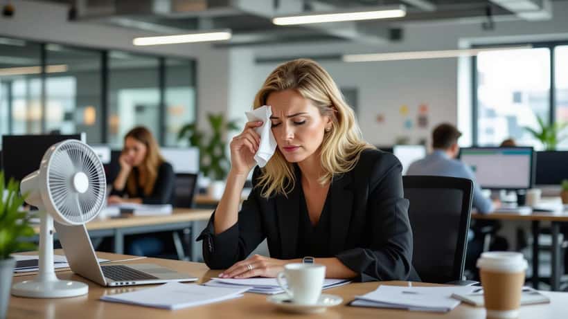 Kvinde i 50'erne med hedeture ved sit skrivebord på et dansk kontor