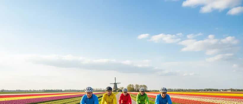 Amateur wielrenners fietsen samen op een zonnige lenteochtend door het Nederlandse platteland
