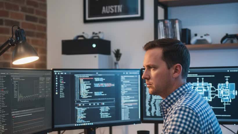 IT security specialist working at dual-monitor setup with cybersecurity dashboards and gaming console in home office in Austin Texas