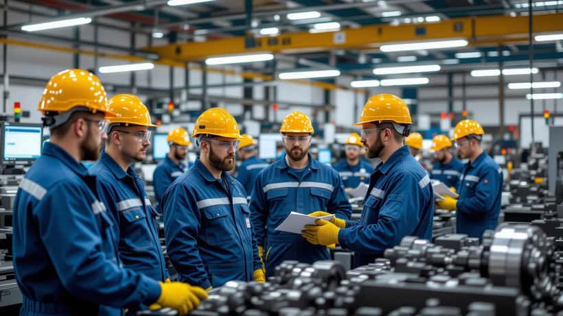 Fabrikarbeiter in blauen Overalls bei einer Betriebsversammlung in einer Automobilfabrik in Magdeburg nach Ankündigung der drohenden Insolvenz