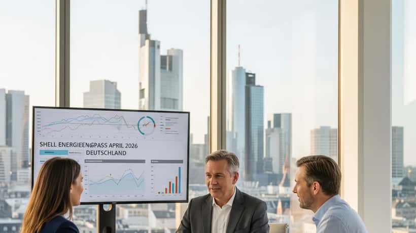 Deutscher Finanzberater erklärt Energieinvestitionen einem Klientenpaar in einem modernen Büro in Frankfurt