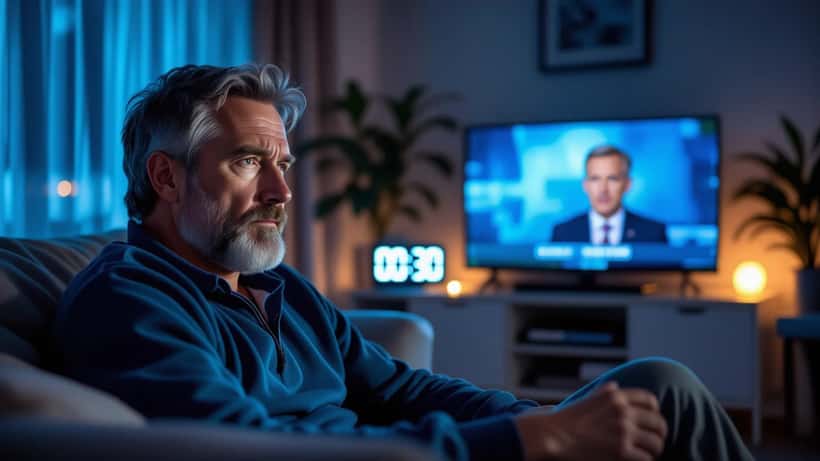 Mann schaut Markus Lanz spät nachts auf Smart TV in dunklem deutschen Wohnzimmer