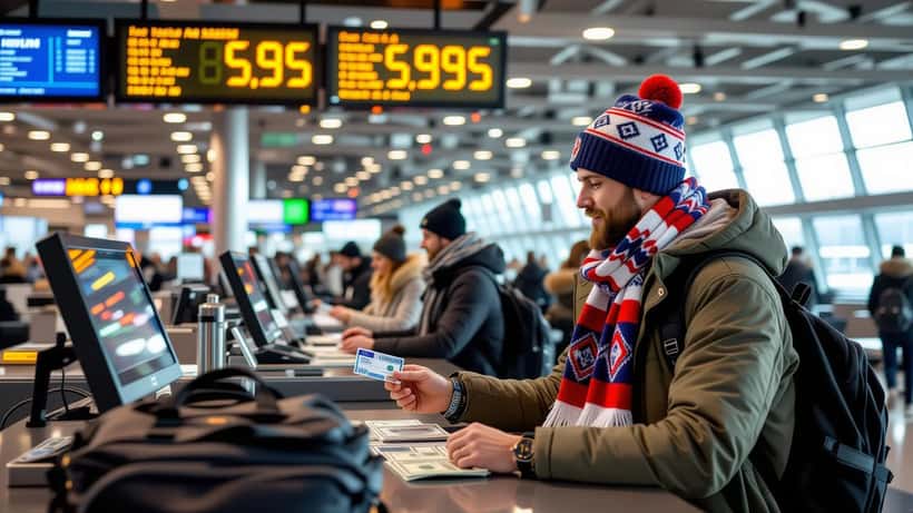 Fotballsupporter veksler dollar med bankkort ved en valutaskranke på flyplassen