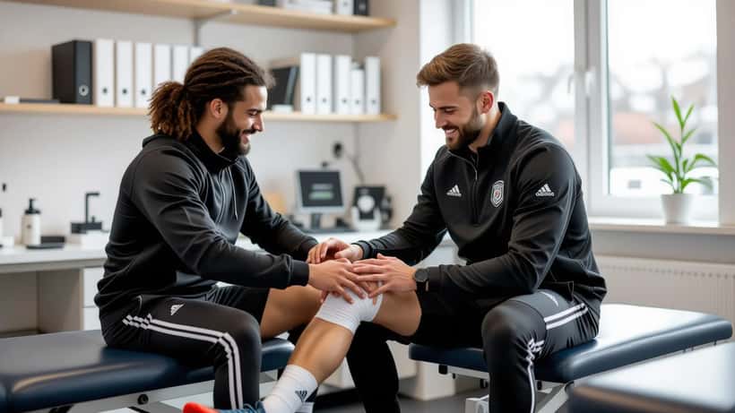Sportsfysioterapeut undersøger fodboldspillers knæ i klinik