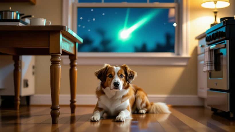 Frightened dog hiding under a table as a meteor fireball streaks across the night sky over a New Jersey home