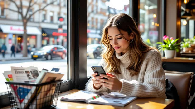 Femme lisant 20 minutes sur smartphone dans un café lausannois, publicité ciblée visible à l'écran