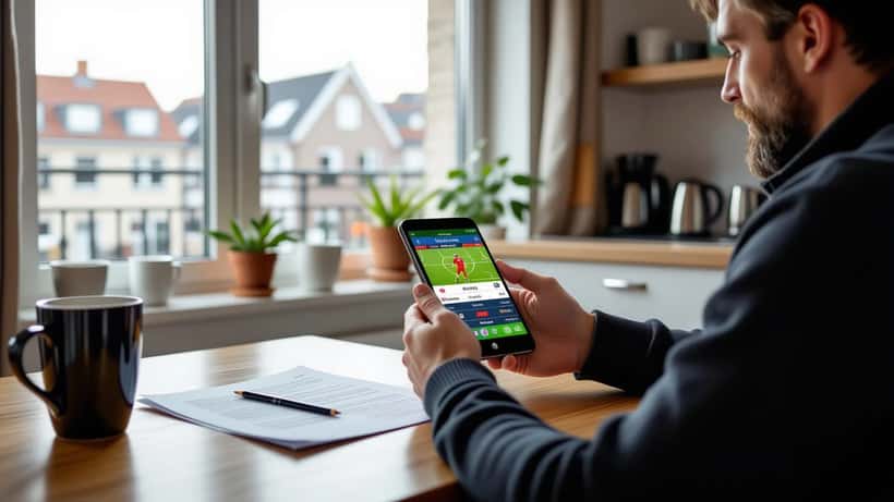 Dansk mand undersøger sportsbetting-app på smartphone ved køkkenbord i København