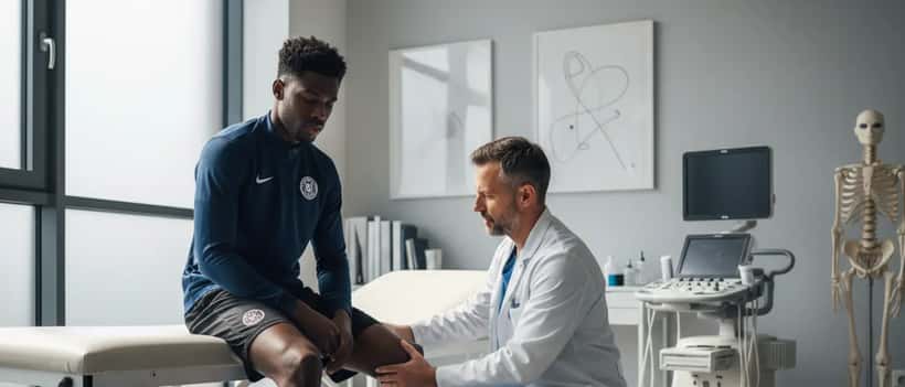 Sportmediziner untersucht das Knie eines Fußballspielers in einer Sportklinik