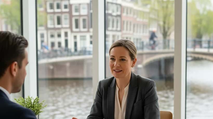 Nederlandse advocaat legt familierecht en nalatenschap uit aan een cliënt in een kantoor in Amsterdam