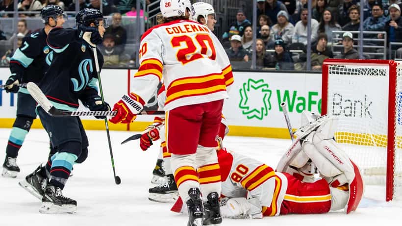 Blake Coleman of the Calgary Flames in action against the Seattle Kraken