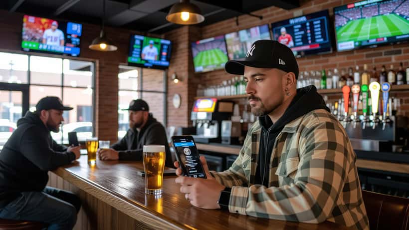 Man in a sports bar staring at his smartphone showing an account suspended alert on a sports betting app