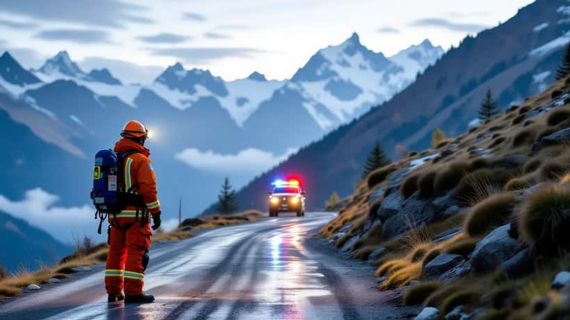 Sauveteur en veste orange sur une route alpine de nuit avec lumières d'urgence, canton de Saint-Gall