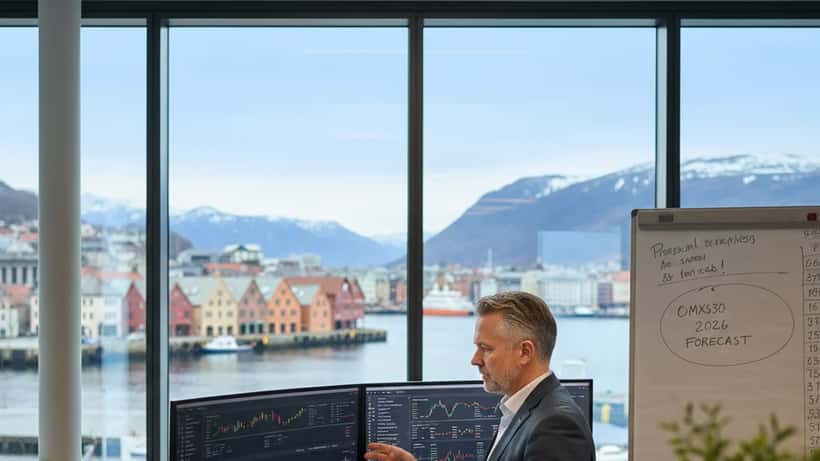 Formuerådgiver i Bergen gjennomgår investeringsportefølje på skjerm med fjordutsikt