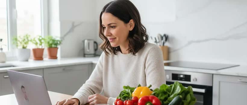 Une femme française consulte un médecin nutritionniste en vidéo, des légumes frais et aliments fermentés sur la table de cuisine