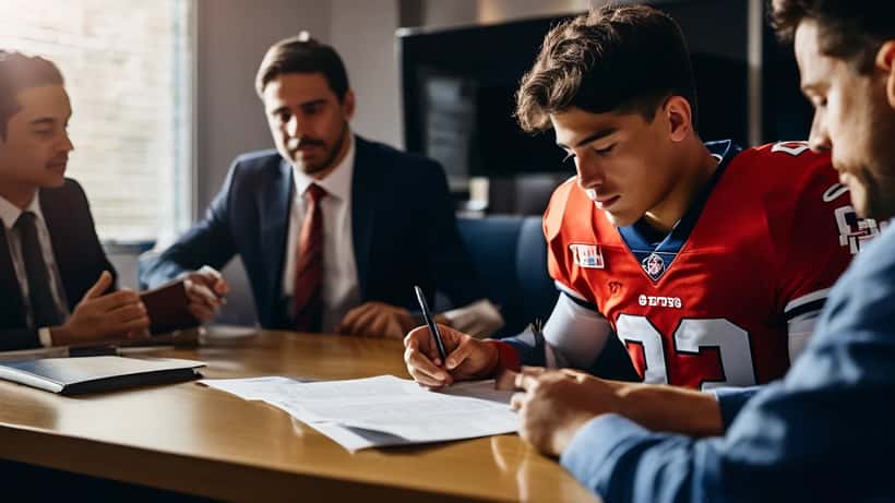 Atleta menor de edad firmando un contrato de patrocinio con sus padres y un abogado