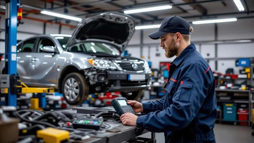 Autokorjaamon ammattilainen tarkistaa törmäyksen jälkeisiä autovaurioita Helsingissä