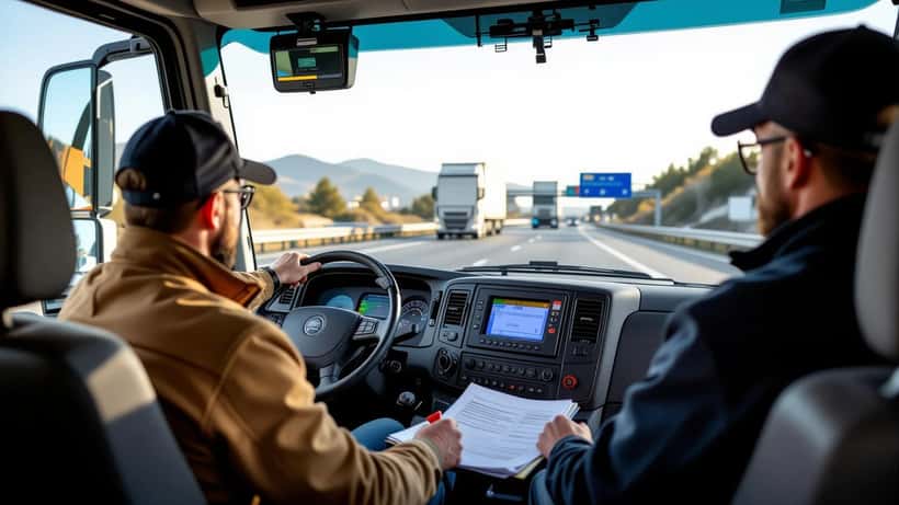 Camião de transporte comercial em autoestrada portuguesa - tacógrafo digital obrigatório em 2026