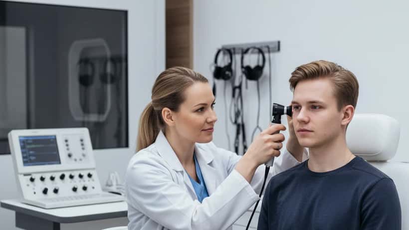 Suomalainen naislääkäri audiologian klinikalla Tampereella tutkii potilaan korvaa otoskoopilla