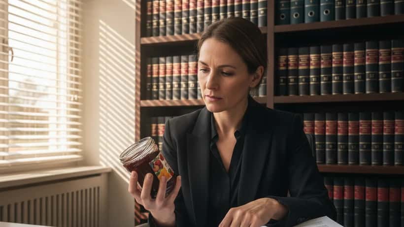 Deutsche Rechtsanwältin prüft EU-Kennzeichnungsvorschriften für Marmelade in einem Hamburger Büro