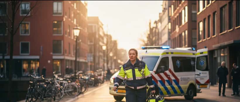 Nederlandse ambulancemedewerker in uniform bij een noodgeval op straat