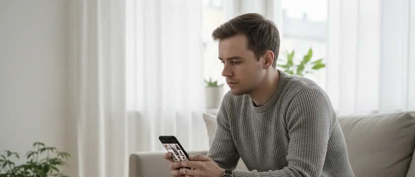 Ung svensk man tittar oroligt på sociala medier med idealiserade kroppsbilder på sin telefon i en Stockholmslägenhet