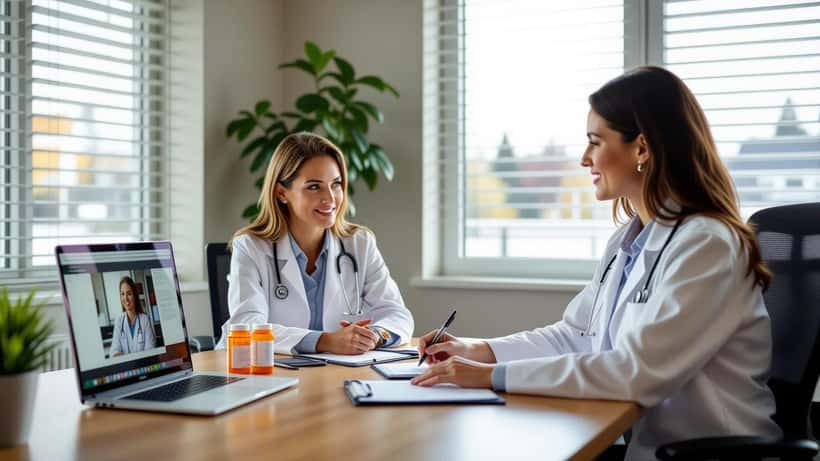 Woman in telehealth consultation with doctor discussing substance use disorder treatment in Canada