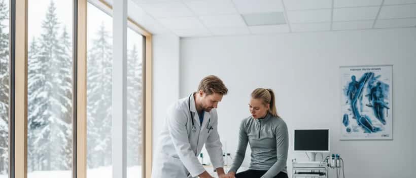 Suomalainen urheilulääkäri tutkii nuoren naishiihtäjän polvea modernissa klinikassa, ammattimainen tutkimustilanne