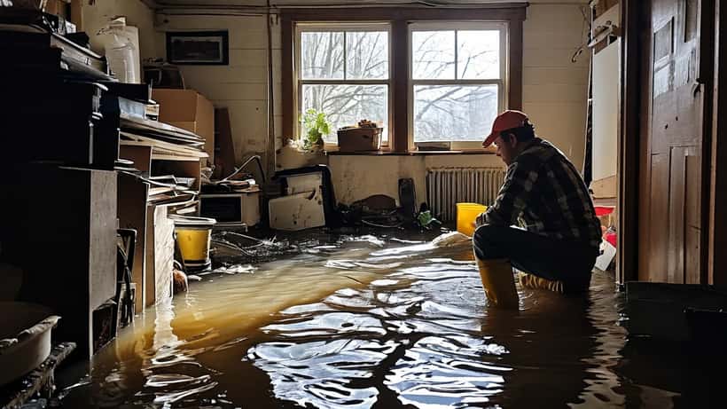 Homeowner in rubber boots assessing flooded basement after Milwaukee April 2026 storms