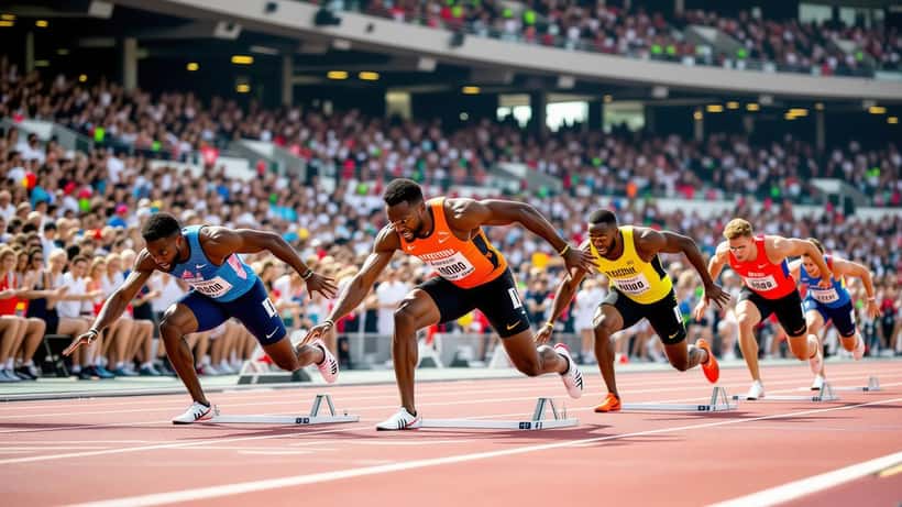 Pikajuoksijat lähtötelineissä 100 metrin juoksun lähdössä kesäisellä yleisurheilustadionilla