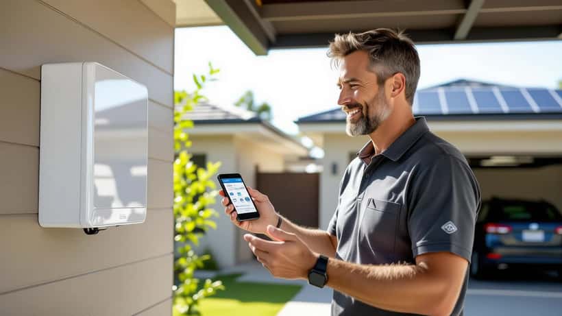 Australian homeowner inspecting a wall-mounted home battery storage unit in a garage with solar panels visible on roof