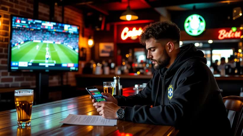 Torcedor brasileiro em bar esportivo verificando app de apostas bloqueado com jogo de futebol na TV ao fundo