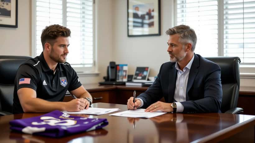 AFL player in training gear reviewing legal contract documents with a lawyer in a Perth law office
