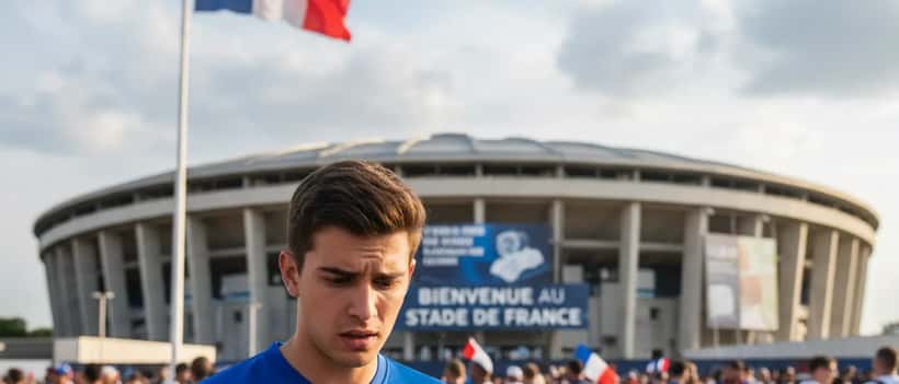 Supporter français tenant un billet de la Coupe du Monde 2026 en regardant son téléphone avec des prix élevés
