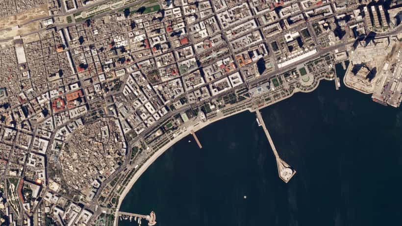 Aerial satellite view of the Baku City Circuit used for the Formula 1 Azerbaijan Grand Prix