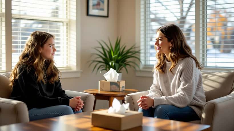 A teenager in a therapy session with a counselor, representing adolescent mental health support in America