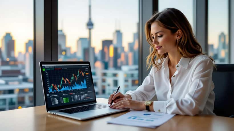 Financial planner reviewing S&P 500 chart and TFSA statement in a Toronto office