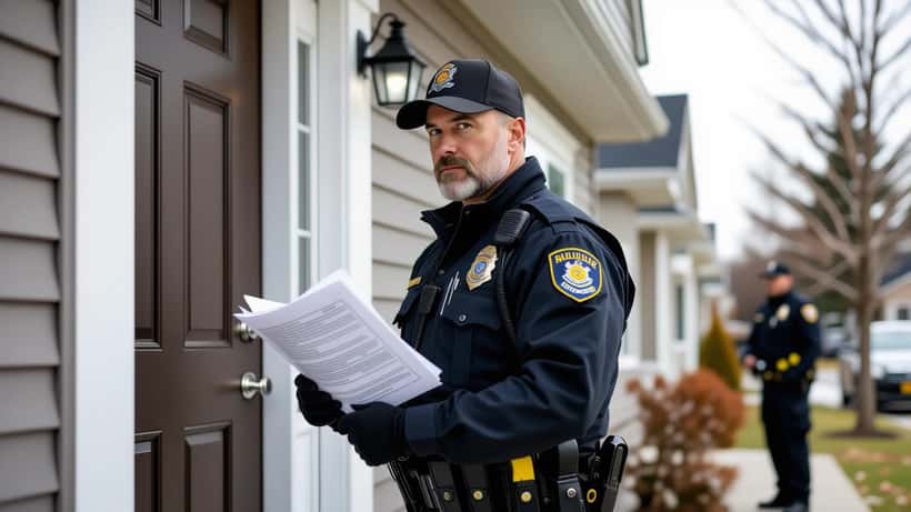 Plainclothes detective holding search warrant at door of suburban Quebec duplex