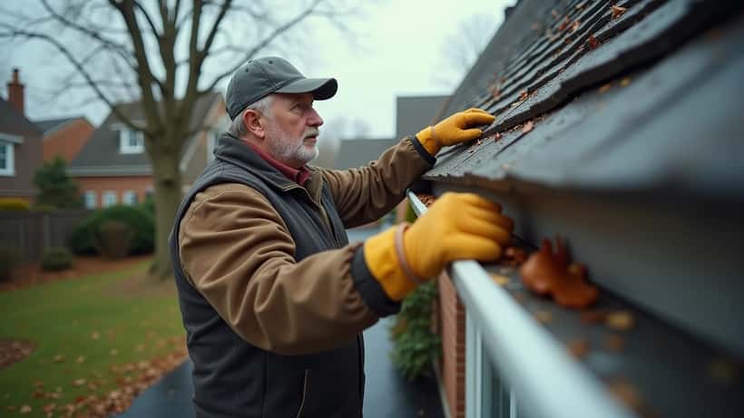 Canadian homeowner on a ladder inspecting blocked gutters on a suburban house under an overcast autumn sky